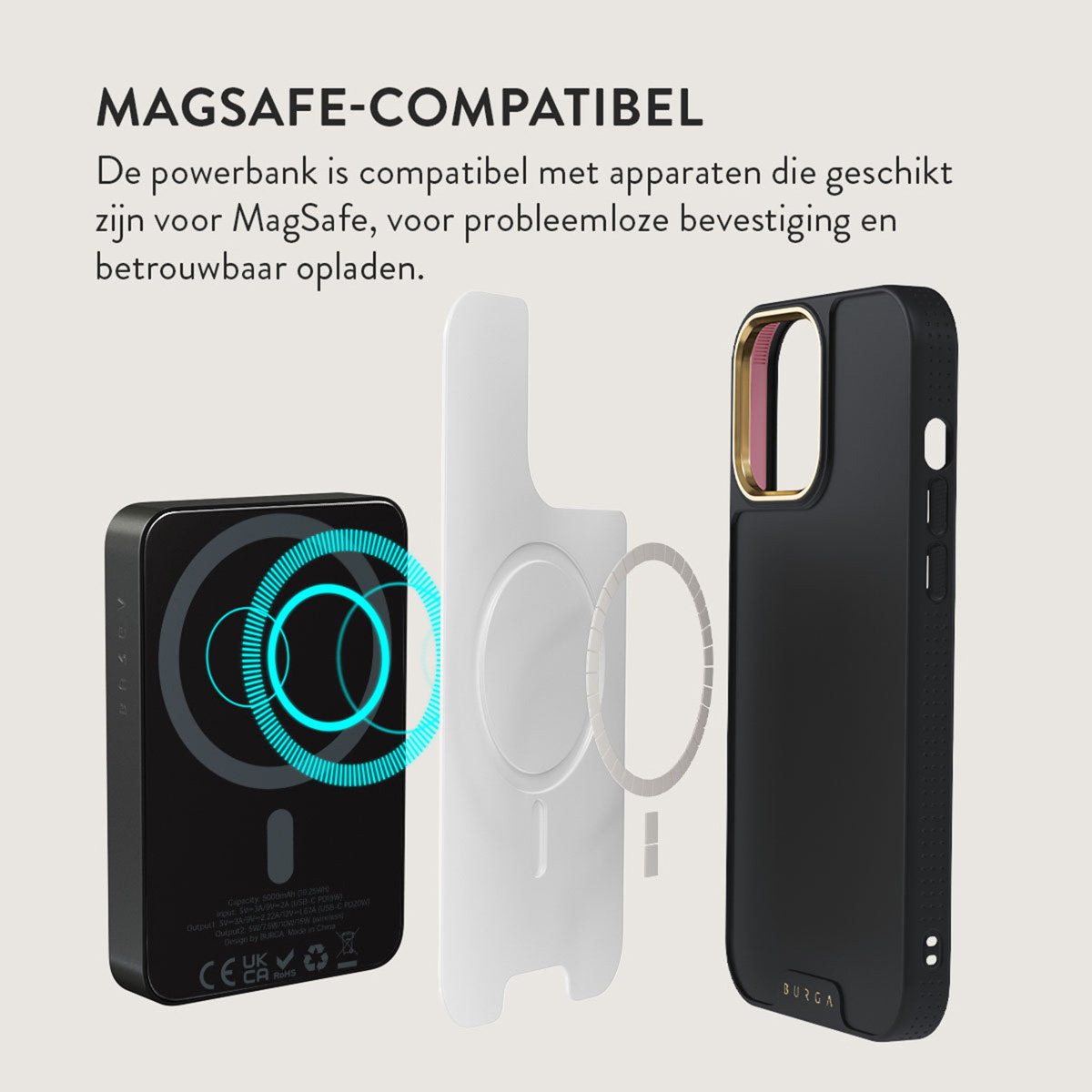 L'image montre une batterie externe noire, un accessoire MagSafe blanc et un étui de téléphone noir. Le texte indique Compatible MagSafe.