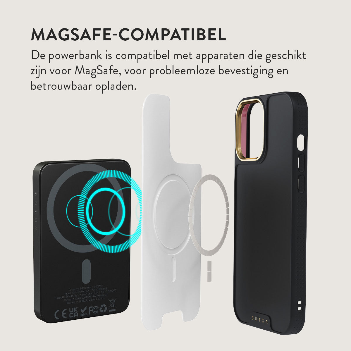 Une batterie externe noire, une coque de téléphone blanche et une coque noire avec une bordure dorée sont affichées, ainsi qu'un composant MagSafe blanc.