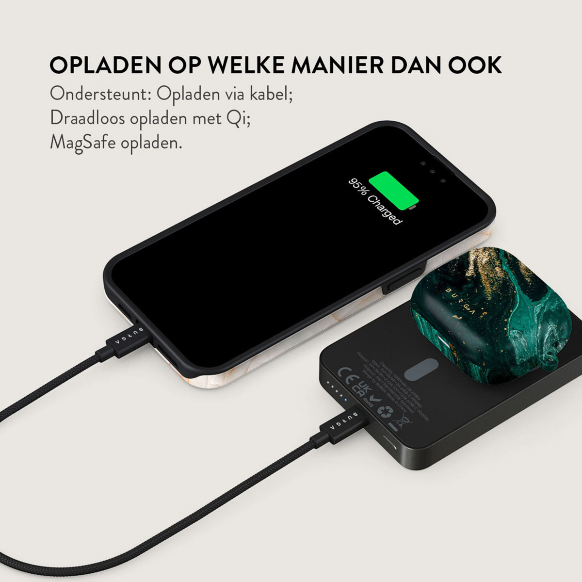 Un téléphone en charge. L'écran affiche 95 % chargé. Un chargeur sans fil est à côté. Textes : chargement par câble, Qi, MagSafe.