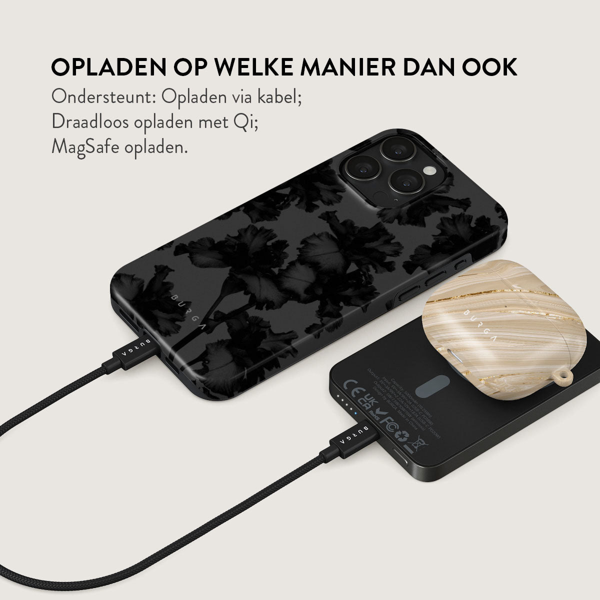 Un téléphone dans un étui floral noir, un socle de chargement et un étui d'écouteurs sont connectés par des câbles. Le texte indique les options de chargement.