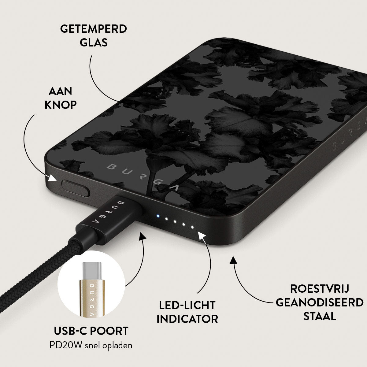 Batterie externe noire avec motif floral. Dispose d'un port USB-C, d'un indicateur LED et d'un boîtier en acier inoxydable.