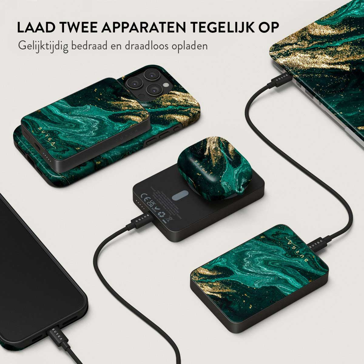 L'image montre des appareils en charge sans fil et filaire. Des batteries externes et des étuis de téléphone verts et dorés sont visibles.