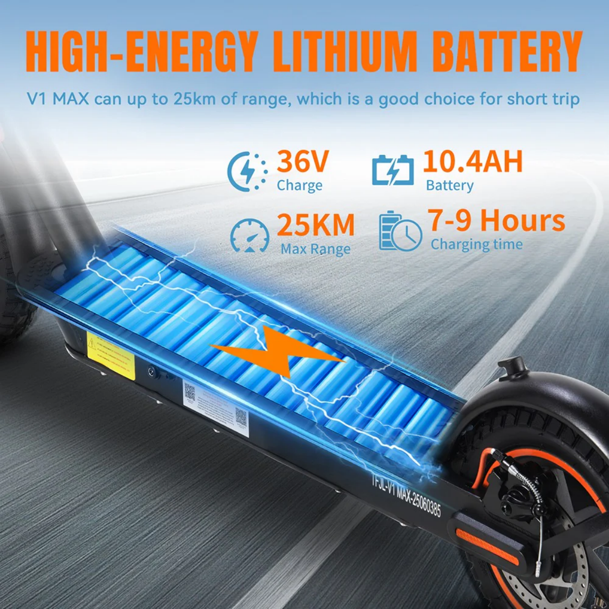 Hulajnoga elektryczna z podświetlonymi szczegółami baterii, zasięgu i ładowania. Tekst zawiera 'High-Energy Lithium Battery'.