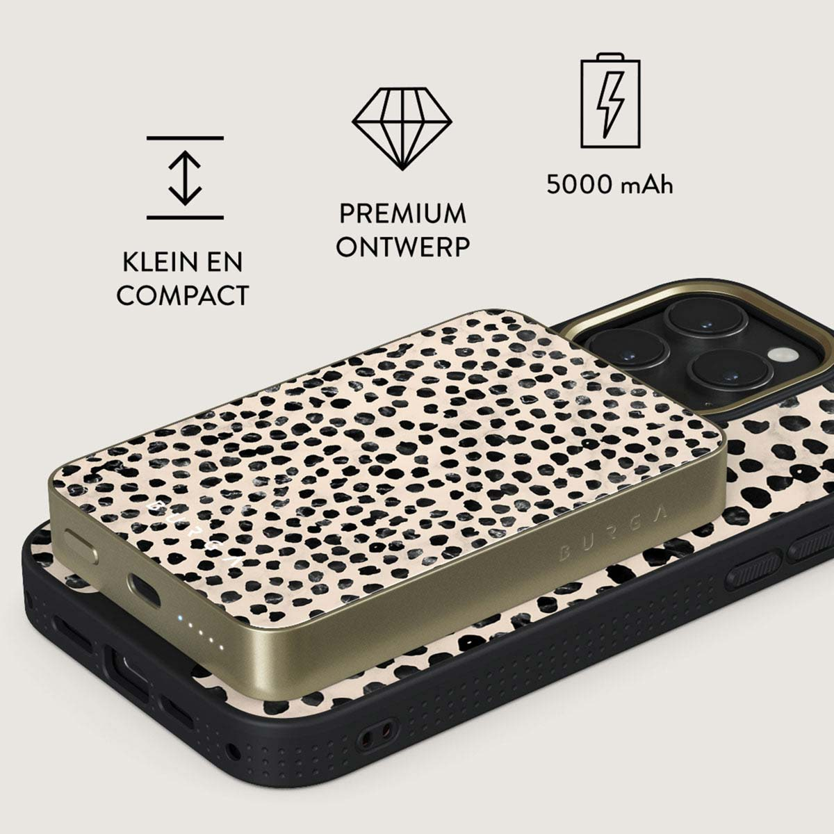 Une coque de téléphone et une batterie externe à pois dalmatiens. Texte: Petit et compact, design Premium, 5000 mAh.