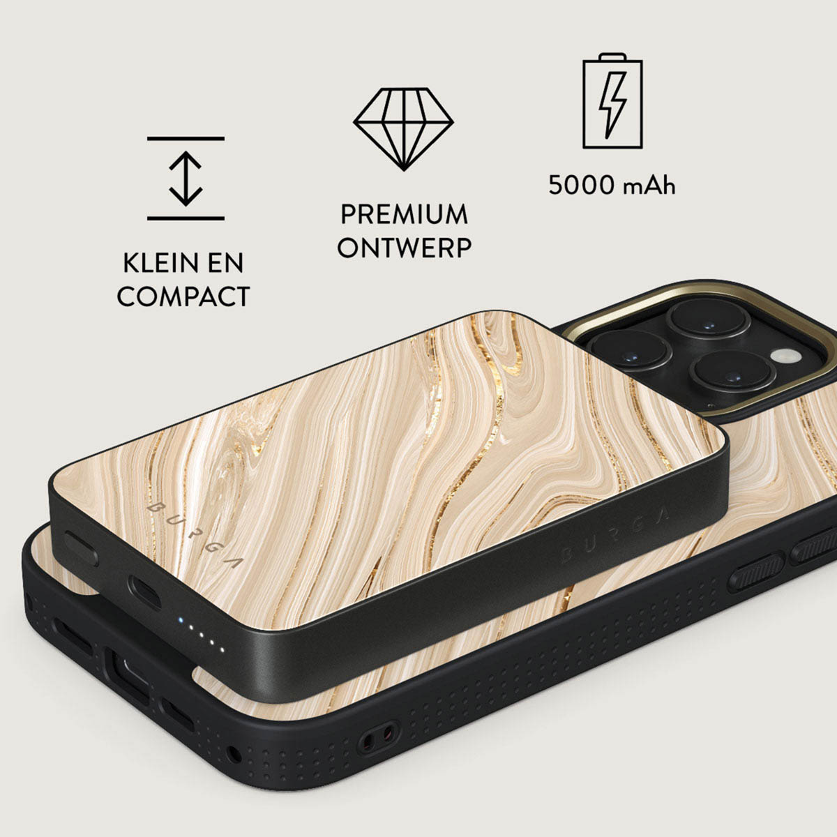 Coque de téléphone et batterie externe avec design marbre. Icônes 'compact', 'premium' et '5000 mAh' visibles.