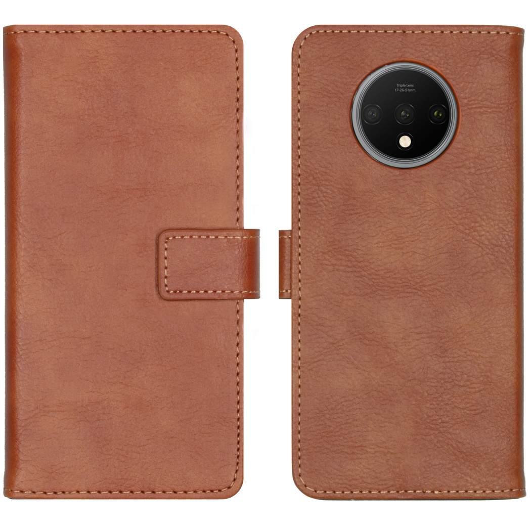 Brown leather phone case, open. Left side closed, right side with phone camera visible. Stitching and clasp present.