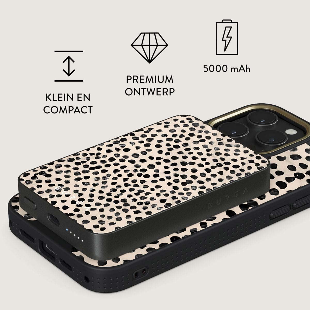 Une coque de téléphone et une batterie externe avec un motif dalmatien. Le texte comprend 'premium ontwerp', 'klein en compact' et '5000 mAh'.