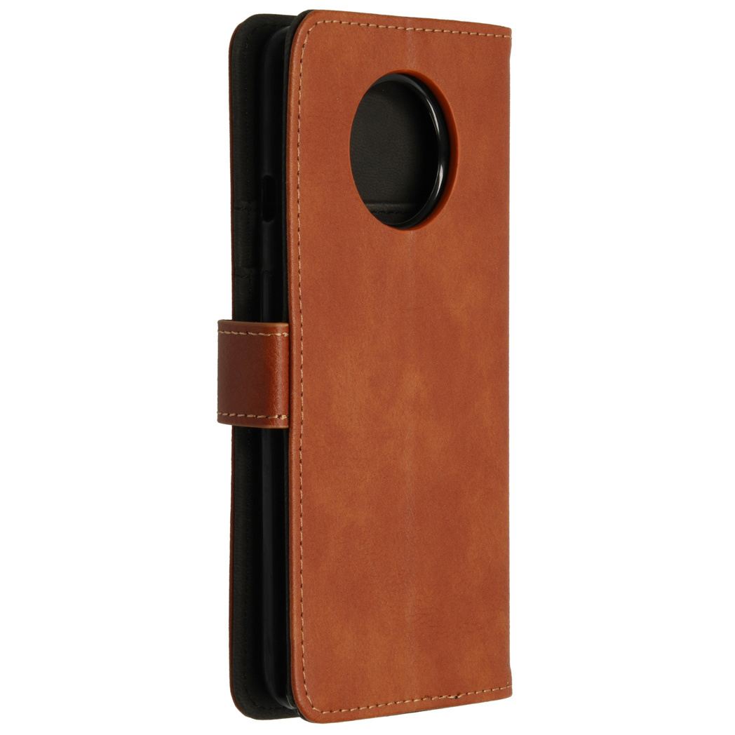 A brown leather phone case is shown, with a circular cutout for the camera. A magnetic flap secures the case.