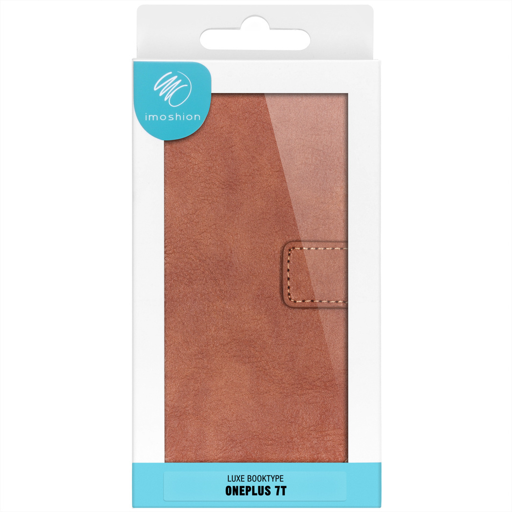 A brown leather phone case in a white and blue package. The case has a magnetic clasp. The brand name is 'imoshion'.
