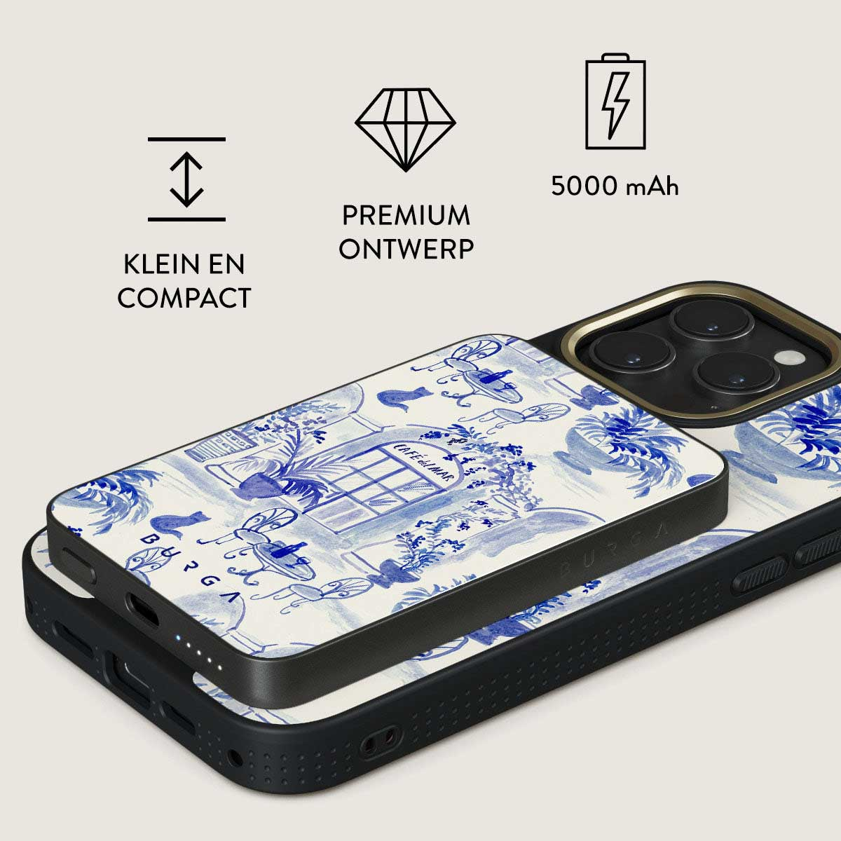 Un téléphone avec un étui à motifs bleu et blanc est posé sur un téléphone noir. Le texte comprend 'Klein en compact' et '5000 mAh'.