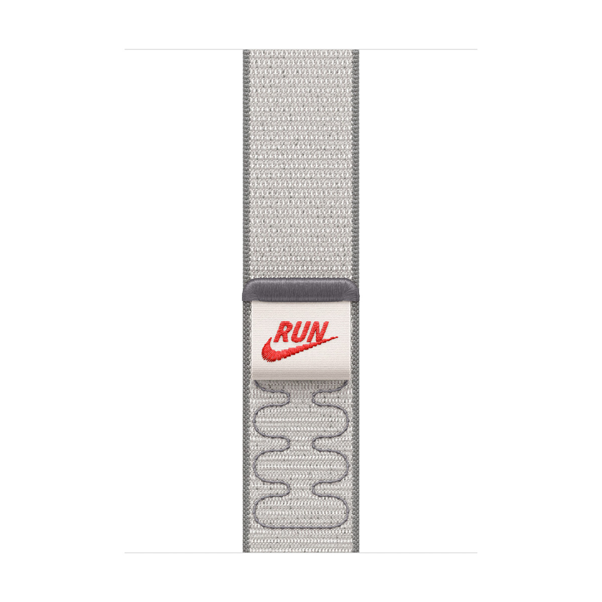 Un cinturino grigio Nike con un'etichetta bianca con la scritta 'RUN' e il logo Nike rosso. Il cinturino ha un design ondulato.