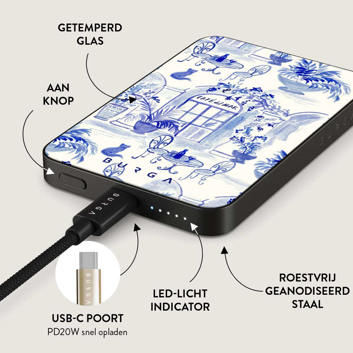 Un chargeur de téléphone avec un design bleu et blanc, connecté via un câble USB-C. Caractéristiques : verre trempé, indicateur LED et acier inoxydable.
