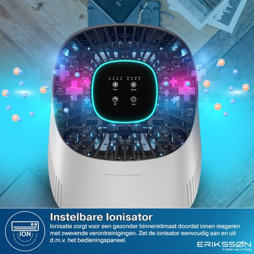 A white air purifier with a black control panel. Blue and pink lights are emitted from the top. Plus and minus symbols float around.