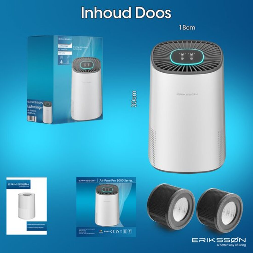 An air purifier and its components are displayed. The white purifier has a gray top and a control panel. Filters are also shown.
