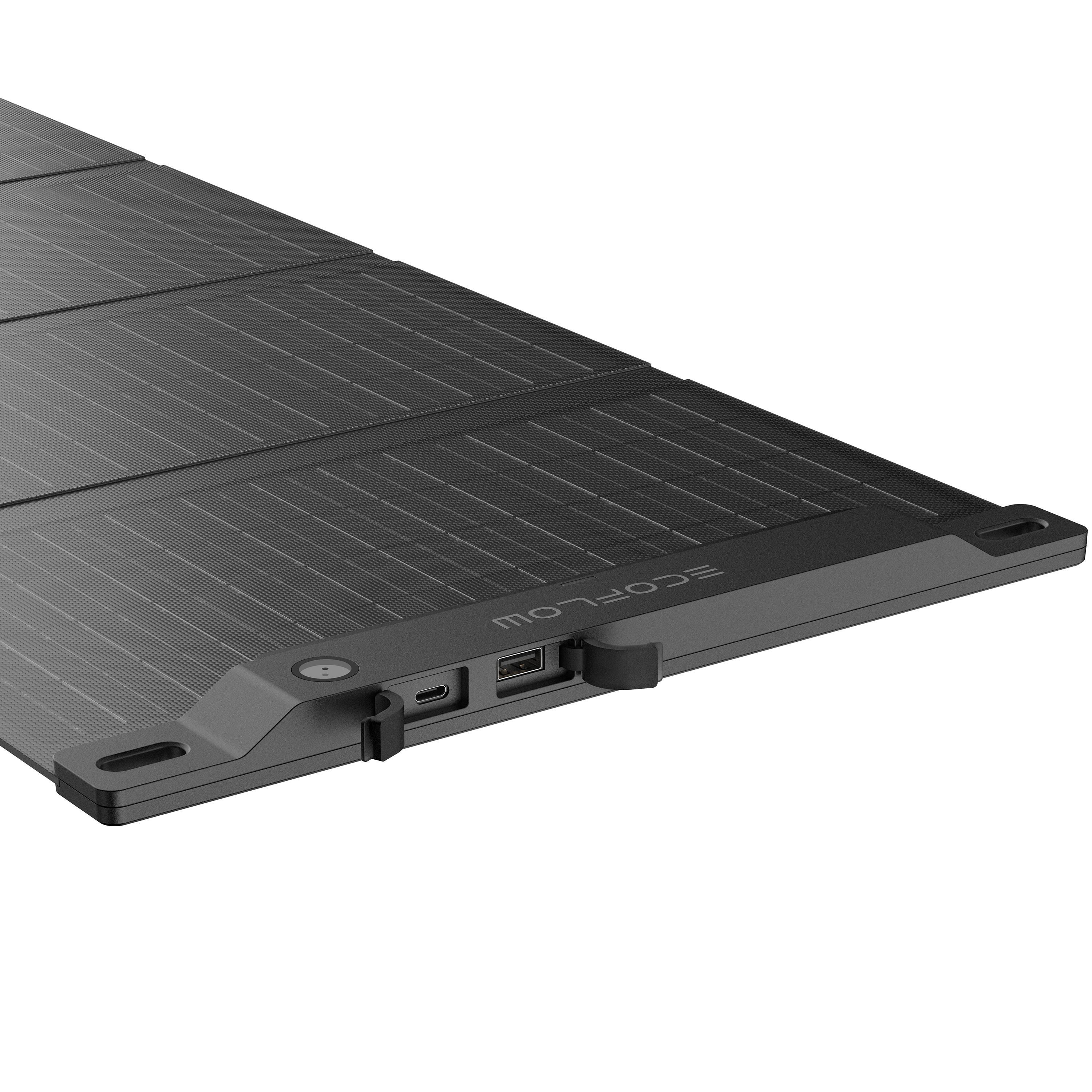 Un panel solar gris oscuro con puertos es parcialmente visible. Se muestra la marca. El panel está en ángulo.