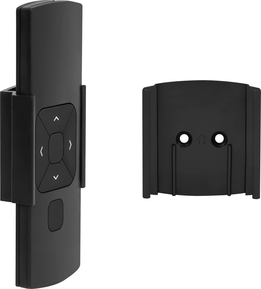 A black remote control in a holder and a black wall mount. The remote has directional buttons and a button. Both are on a white background.