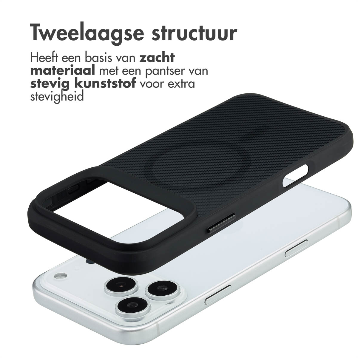 Un étui de téléphone est montré, avec la couche supérieure noire détachée, révélant un téléphone blanc. Le texte en néerlandais explique la structure.