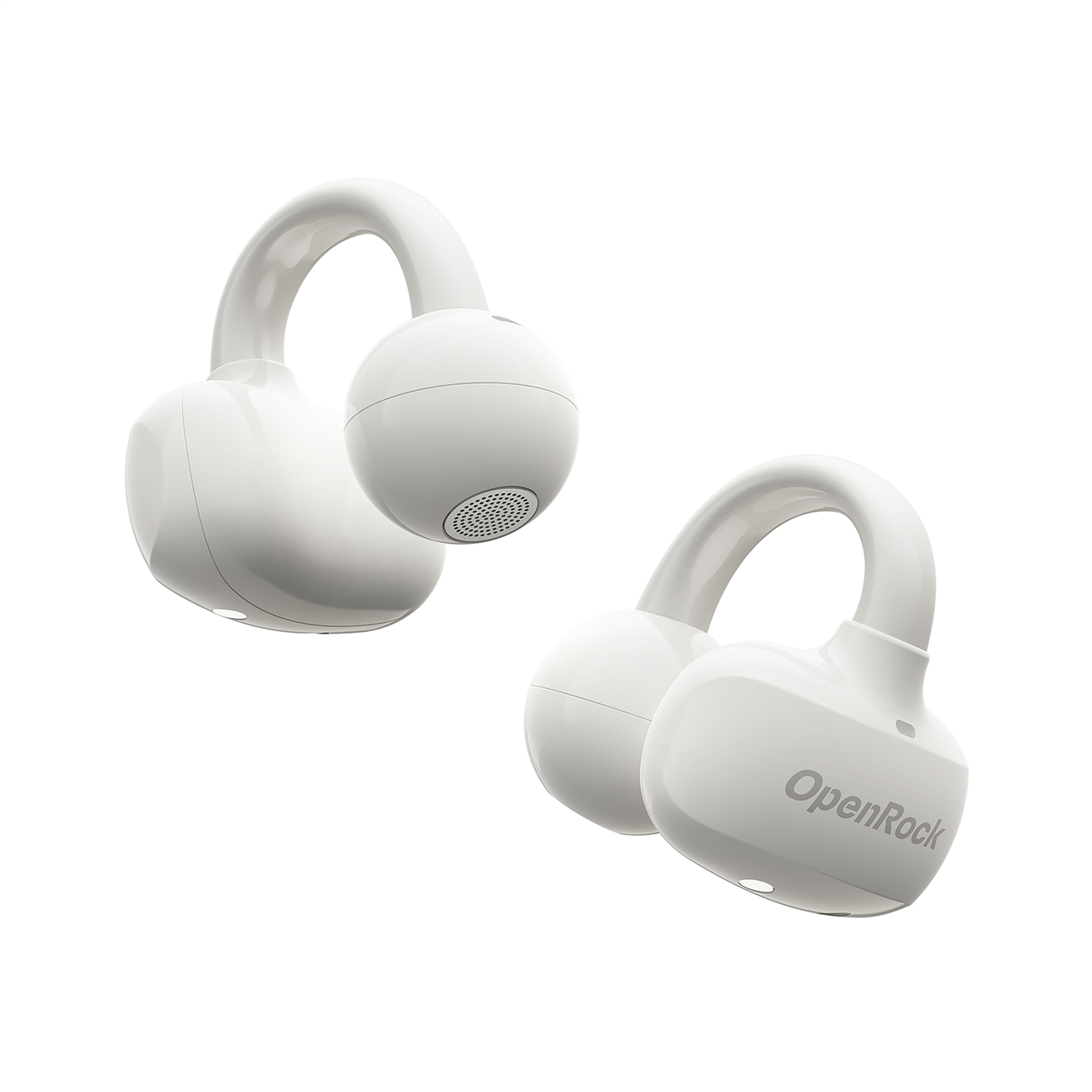 Due auricolari OpenRock bianche, uno angolato, su sfondo bianco. Ognuno ha un design curvo sopra l'orecchio e un altoparlante rotondo.