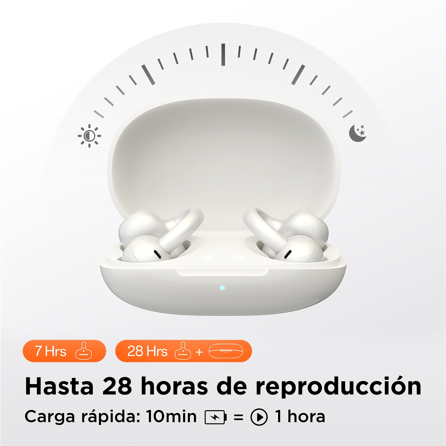Auricolari bianchi in una custodia di ricarica. Il coperchio è aperto. Testo: 'Hasta 28 horas de reproducción' (Fino a 28 ore di riproduzione).