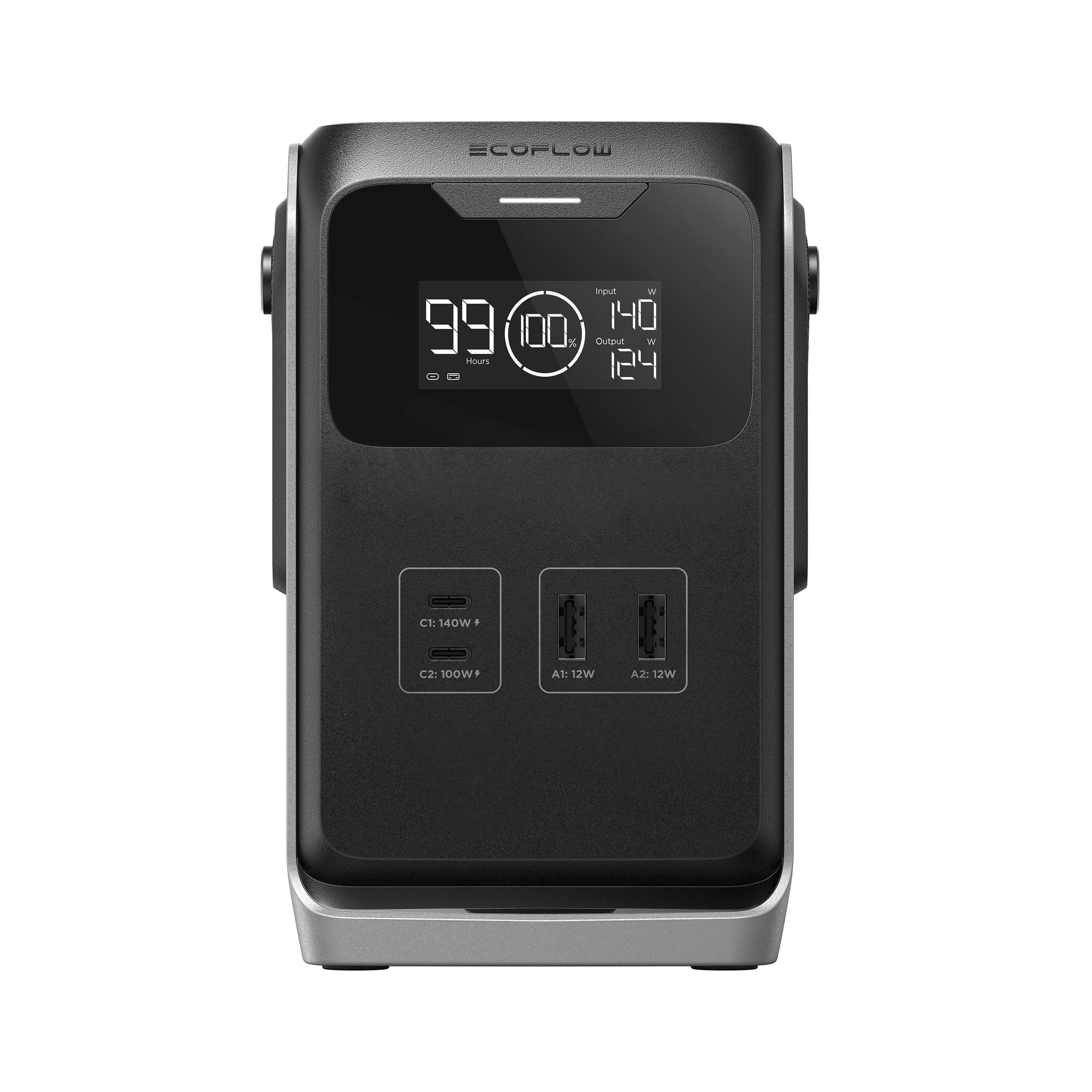 Schwarze und silberne tragbare Powerstation mit Display, das 99 Stunden und 100 % Kapazität anzeigt.