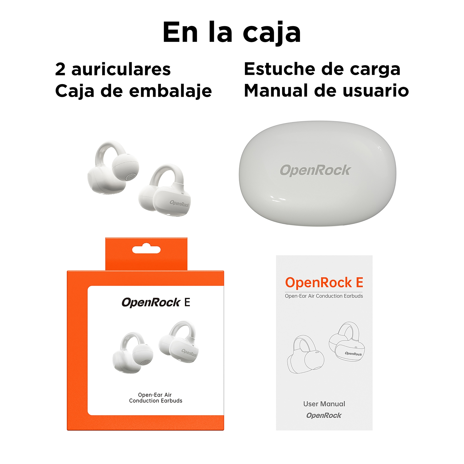 L'immagine mostra gli auricolari OpenRock E, la custodia di ricarica, la confezione e il manuale utente. Tutti gli elementi sono bianchi e arancioni, con testo in spagnolo.