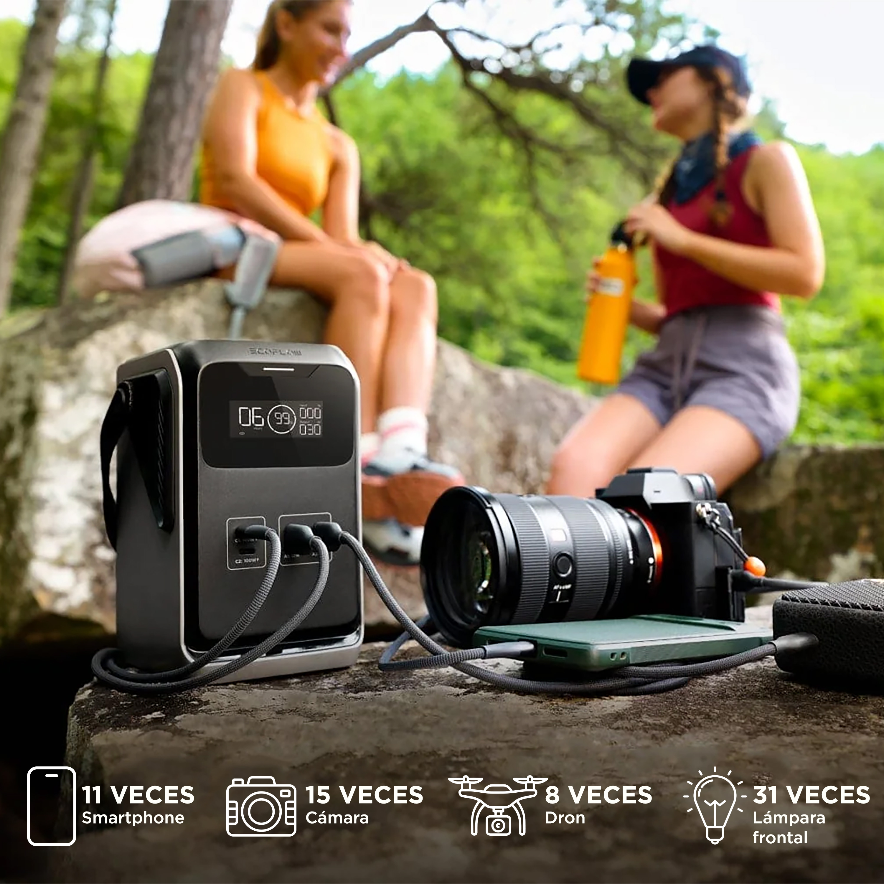 Zwei Frauen in der Nähe eines Kraftwerks in der Natur. Kamera, Telefon und Wasserflasche werden geladen. Grüne Bäume sind im Hintergrund.