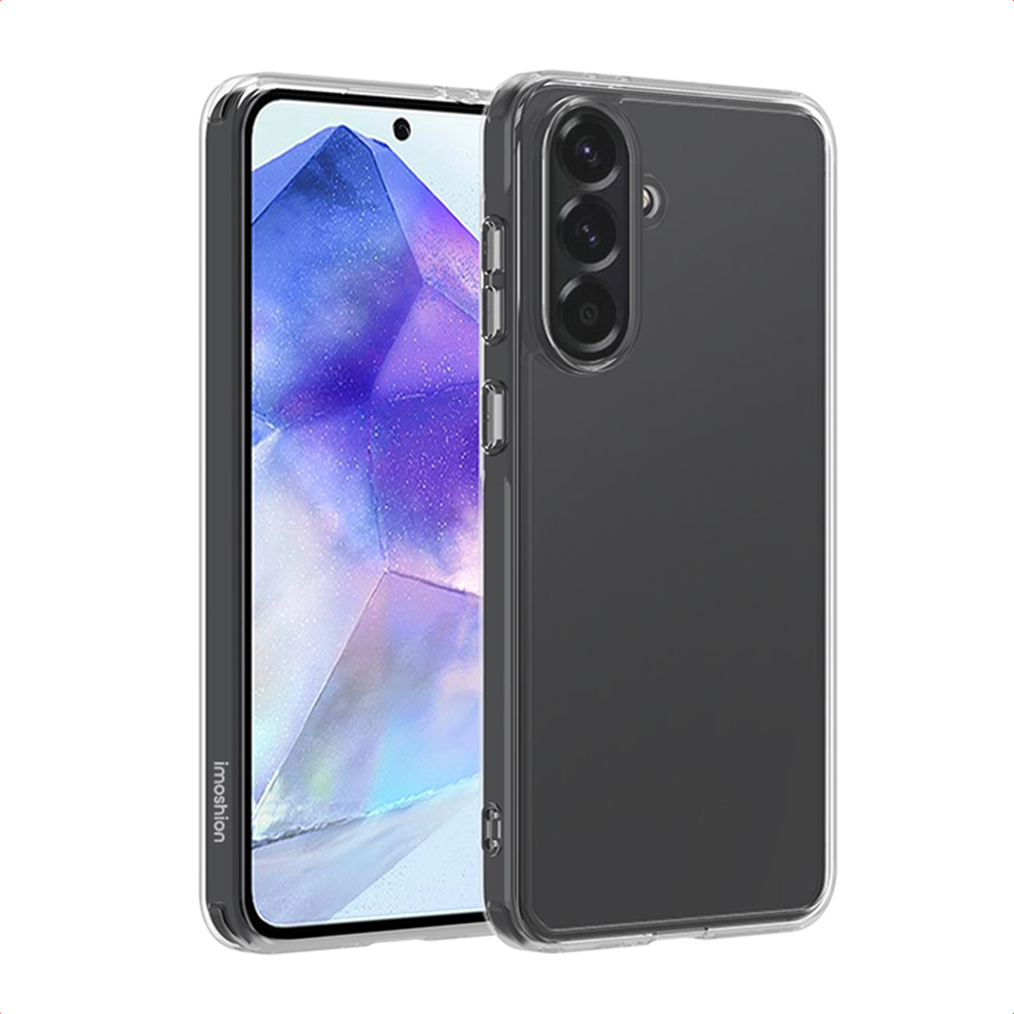 Una custodia trasparente per telefono mostra un telefono. È trasparente e protegge il telefono. Il telefono ha una fotocamera.