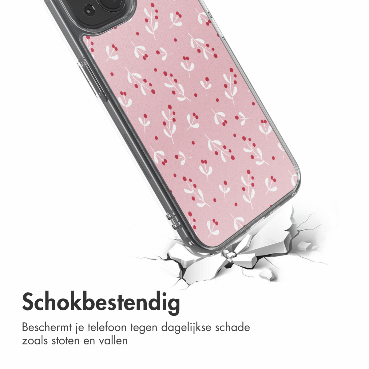 A phone case with a pink floral pattern is breaking a white surface. The case has a clear frame and is angled.