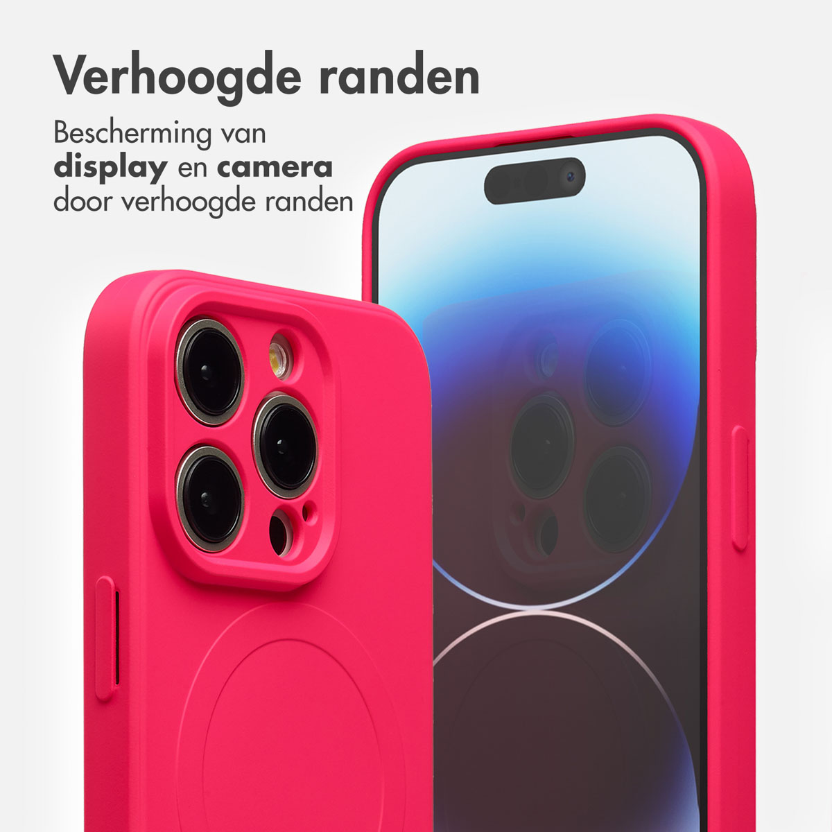 Twee roze telefoonhoesjes, één met zichtbare cameralenzen. De andere toont het scherm. Tekst: 'Verhoogde randen'.