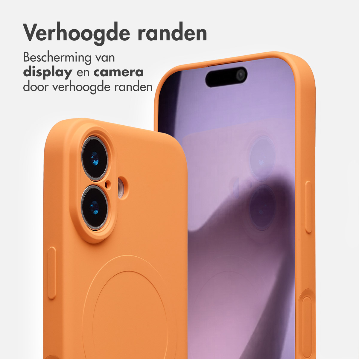 Deux coques de téléphone oranges. Une devant et une derrière. L'arrière-plan affiche le téléphone à l'intérieur d'une des coques.
