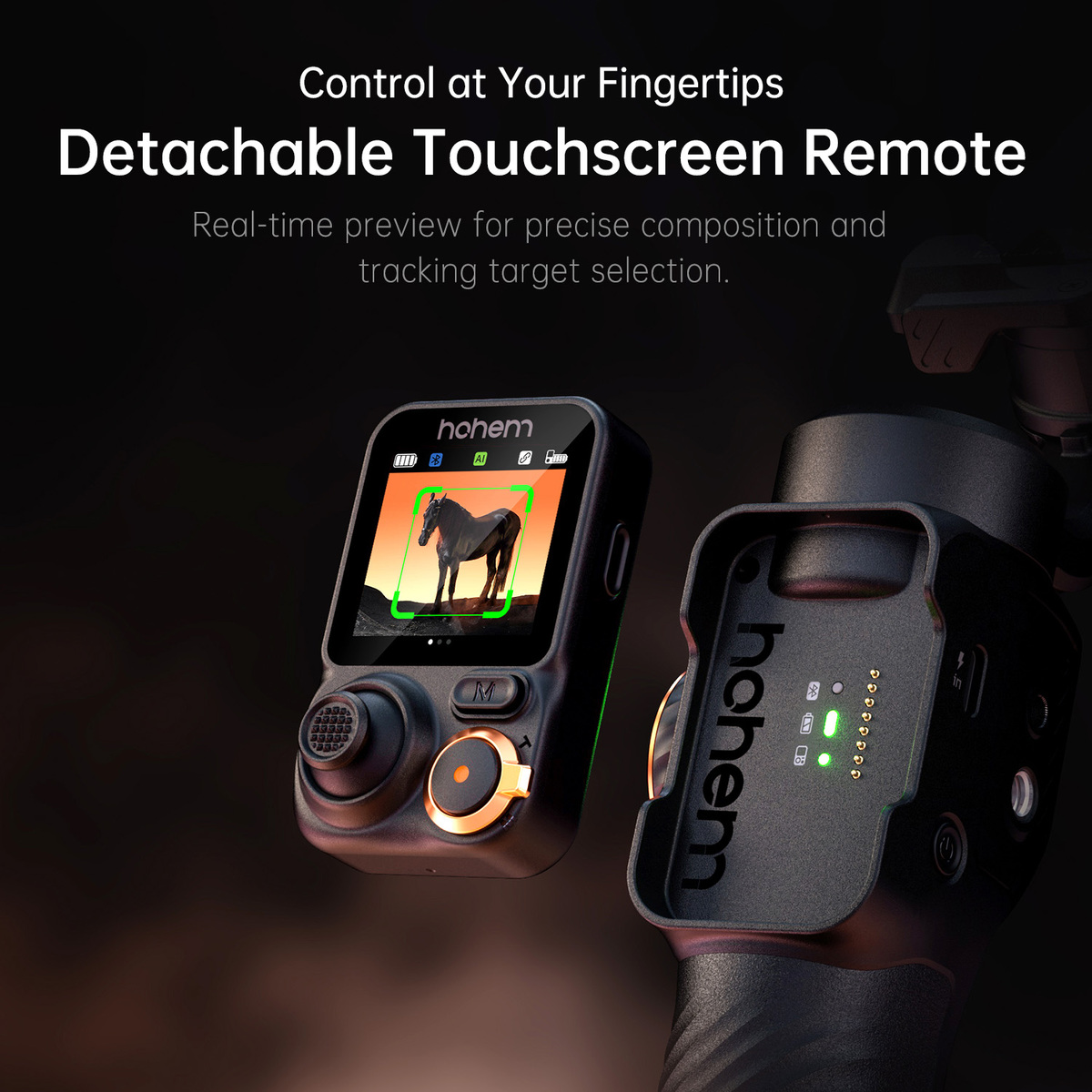 Odłączony pilot z ekranem dotykowym wyświetla konia w zielonej ramce. Pilot ma przyciski i joystick. Tło jest ciemne.