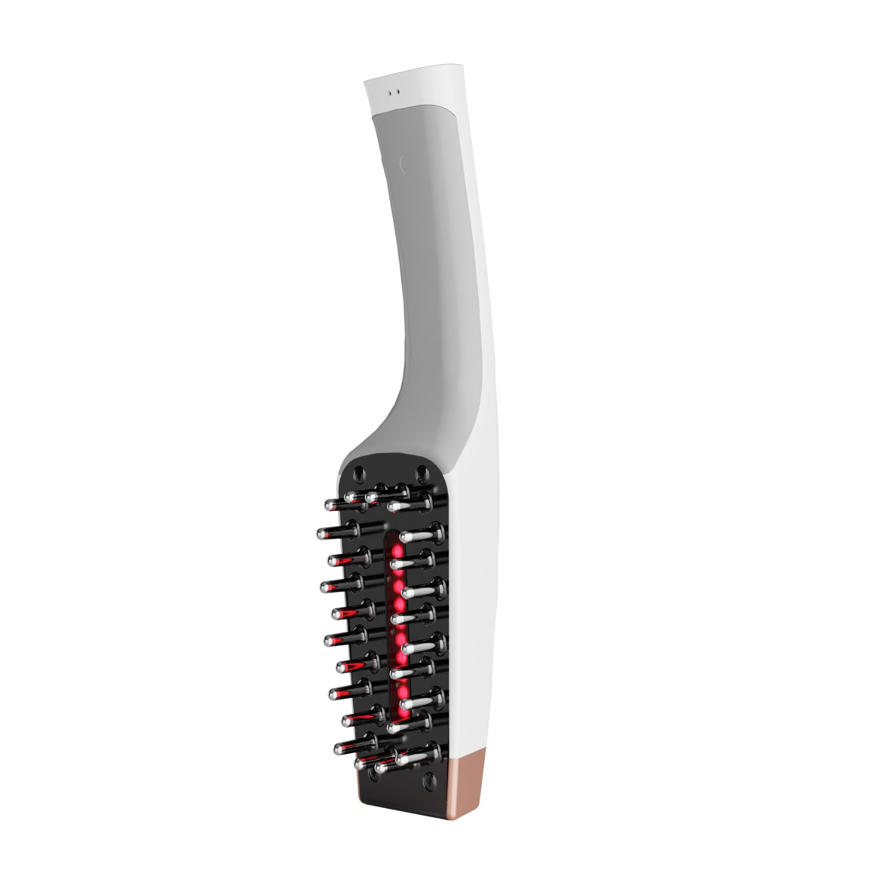 Un cepillo para el cabello blanco y gris con luces rojas. El cepillo tiene cerdas negras y una base color cobre.
