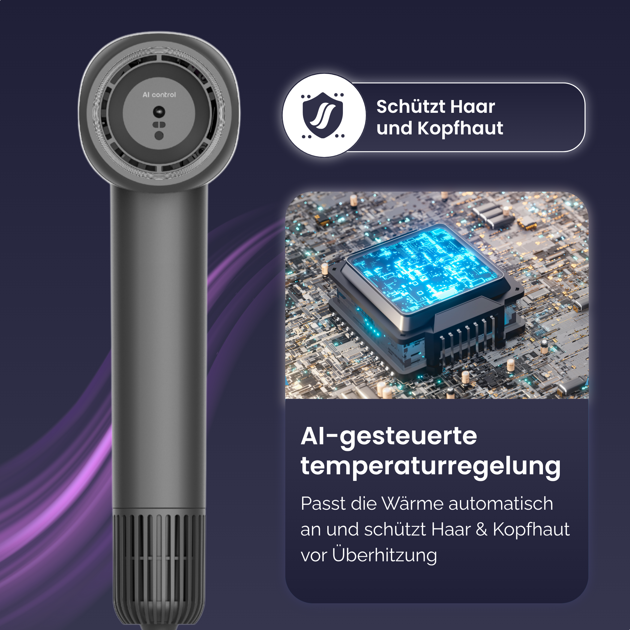 Ein grauer Haartrockner mit KI-Steuerung, eine leuchtende Leiterplatte und deutscher Text zur Haarschutz.