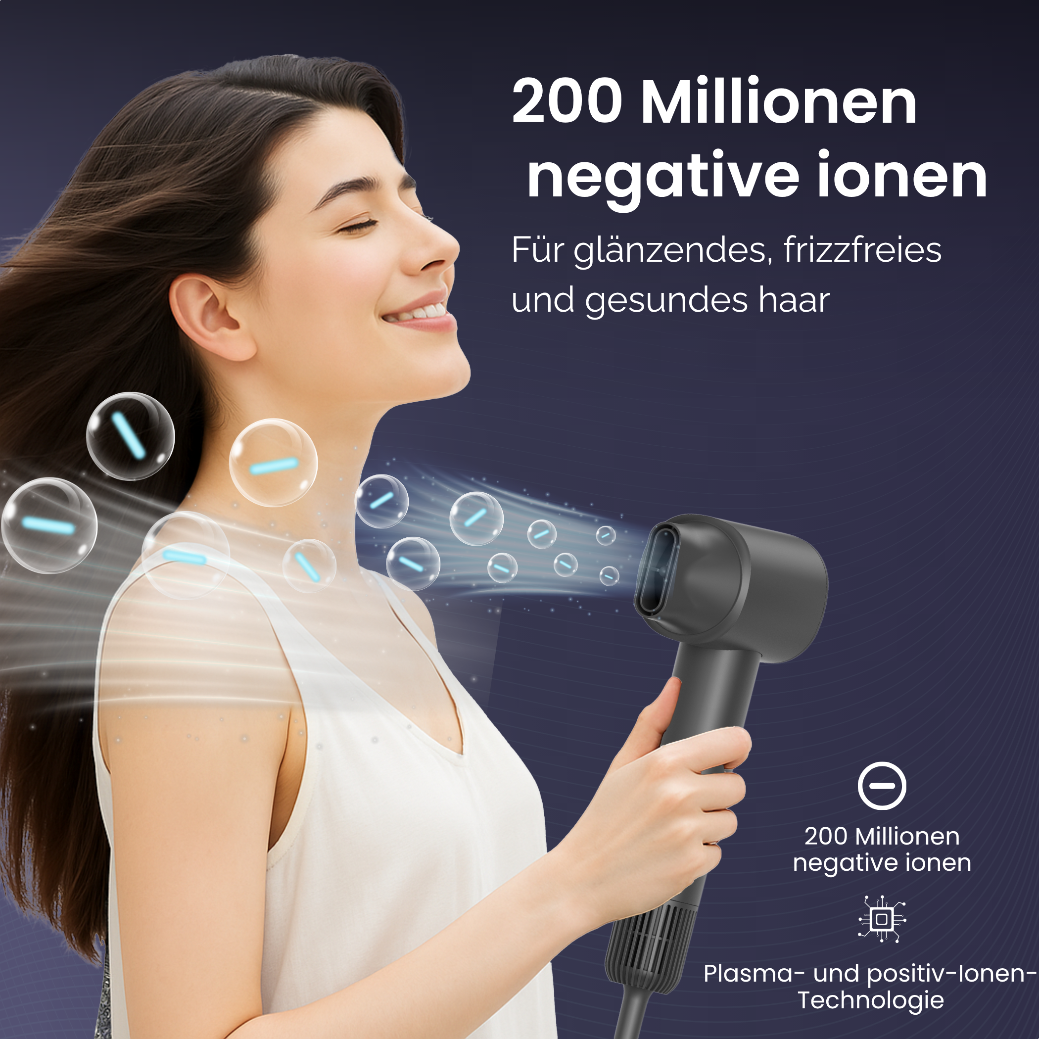 Eine lächelnde Frau hält einen Föhn. Um sie herum sind Blasen. Der Text lautet: „200 Millionen negative Ionen“.