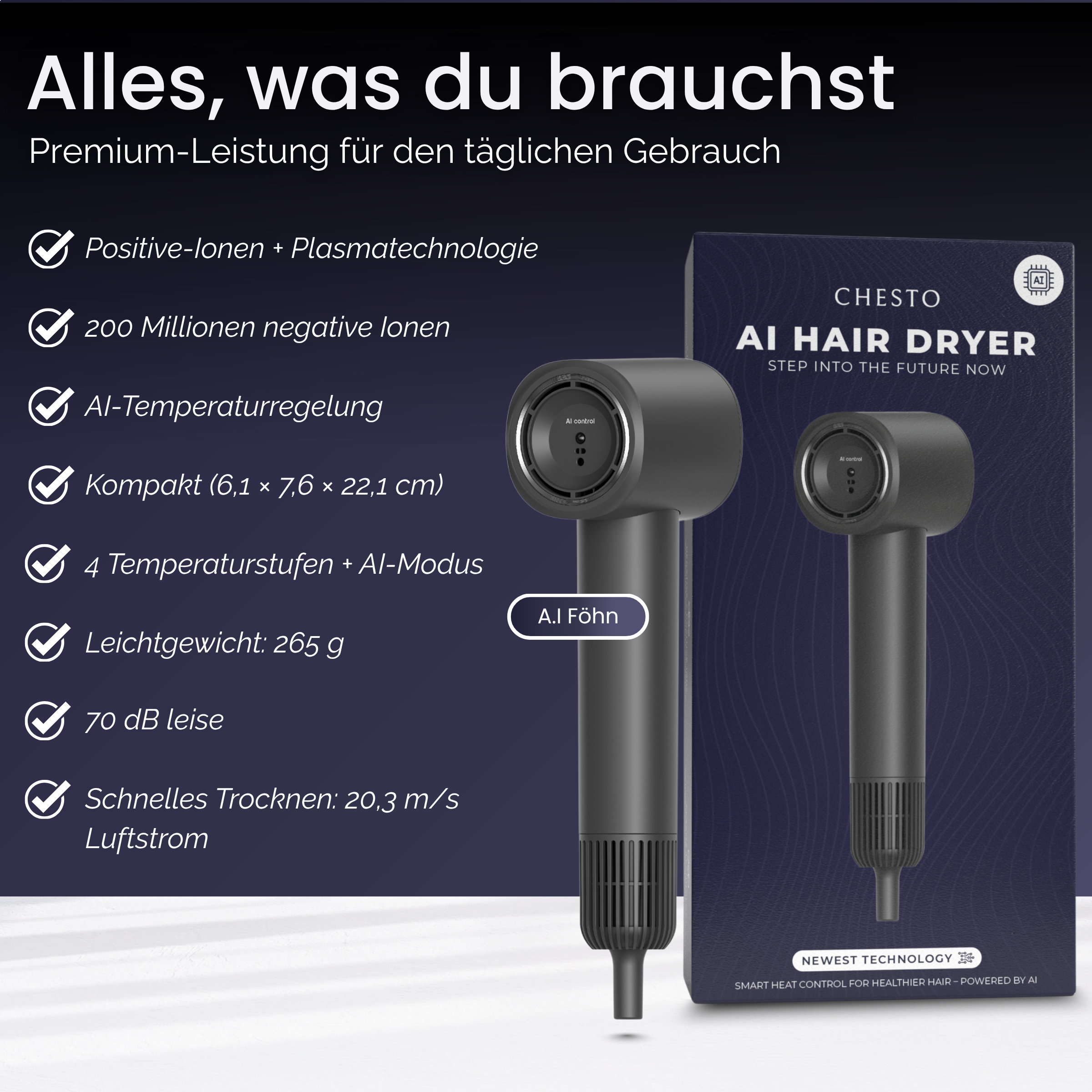 Bild zeigt einen schwarzen Haartrockner mit einer Schachtel. Text enthält Funktionen und den Markennamen.