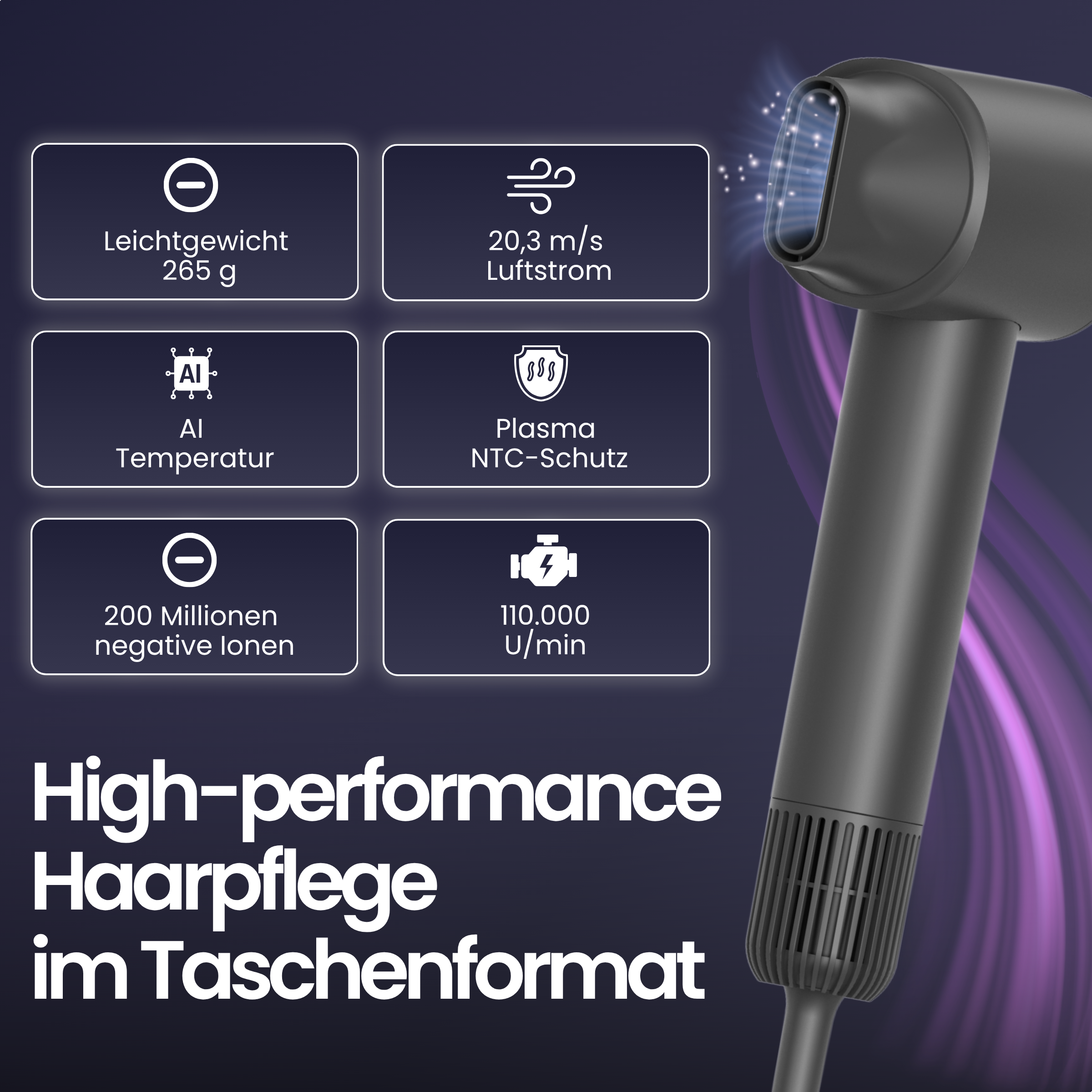 Das Bild zeigt einen schwarzen Haartrockner mit deutschem Text, der Funktionen wie Leichtgewicht, KI-Temperatur und Plasmaschutz angibt.