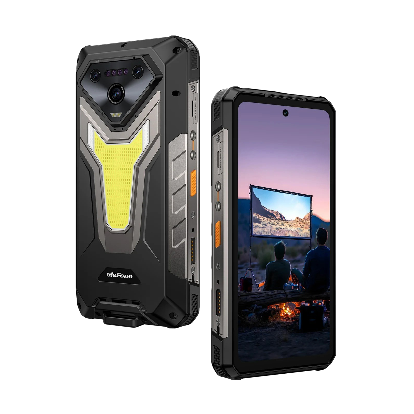 Dwa czarne telefony. Jeden pokazuje tył z kamerami. Drugi pokazuje ekran z dwiema osobami oglądającymi film.