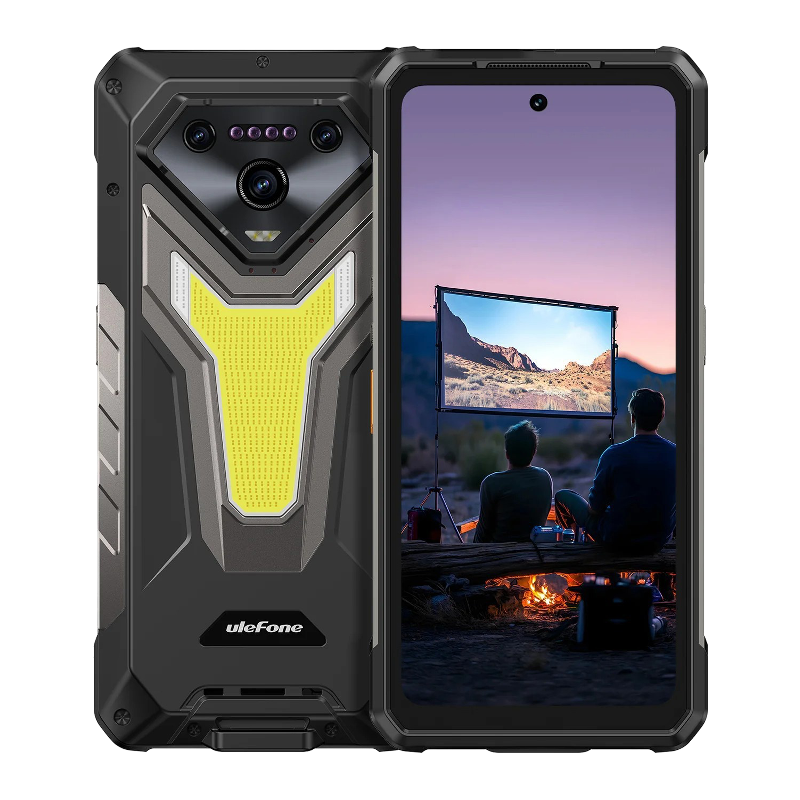Smartphone robusto con schermo che mostra una scena di un film all'aperto. Corpo grigio scuro con dettagli gialli e fotocamere multiple.