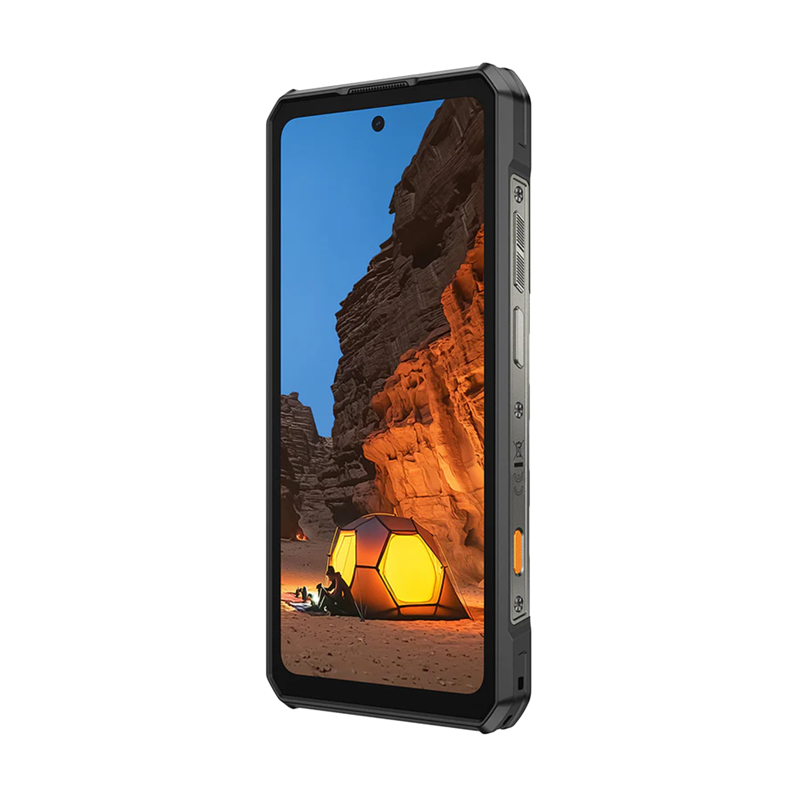Wytrzymały smartfon z ekranem pokazującym scenę obozową w kanionie. Telefon jest czarny i szary.