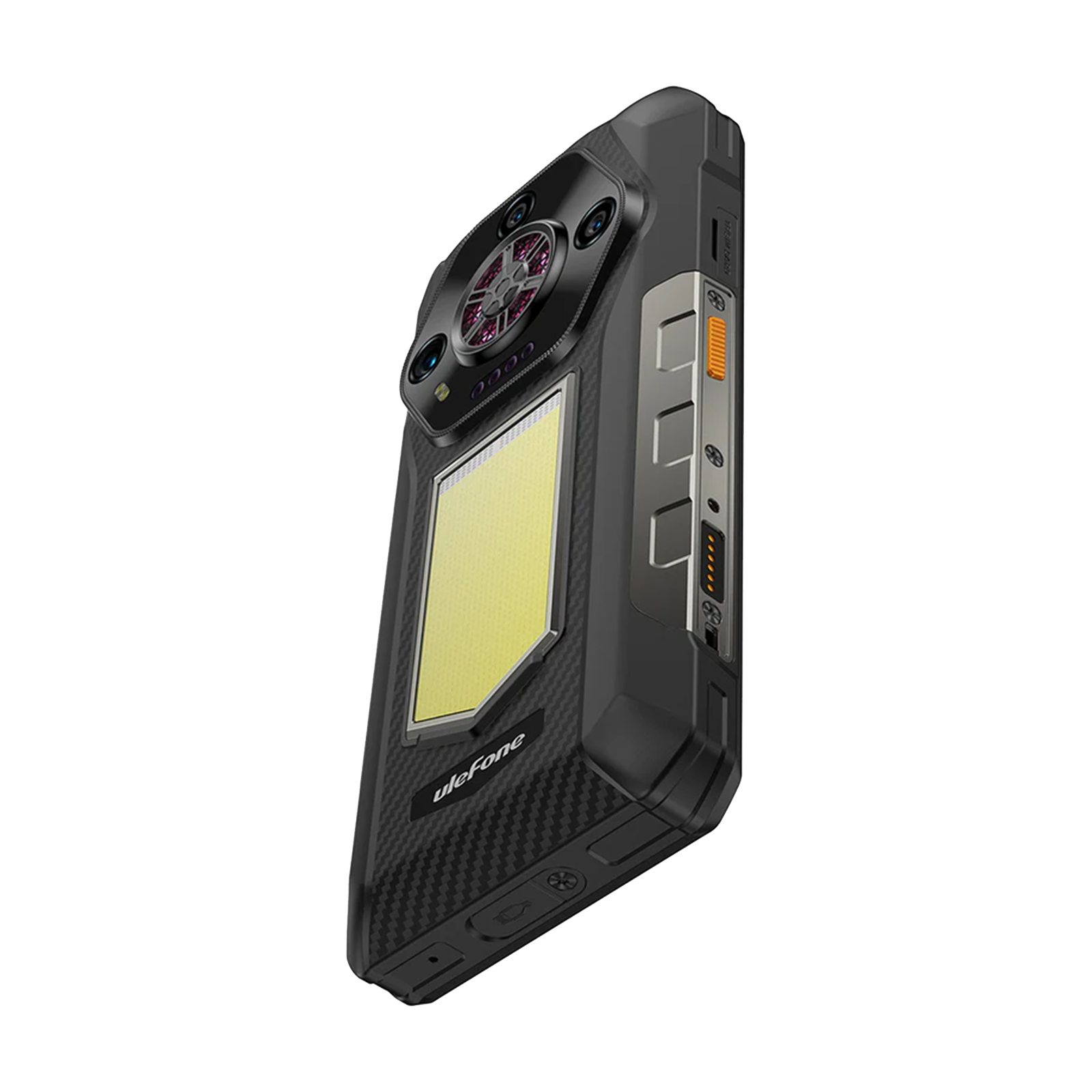 Czarny telefon Ulefone pochylony w prawo, z dużym światłem, wieloma kamerami i bocznymi przyciskami. Tło jest białe.