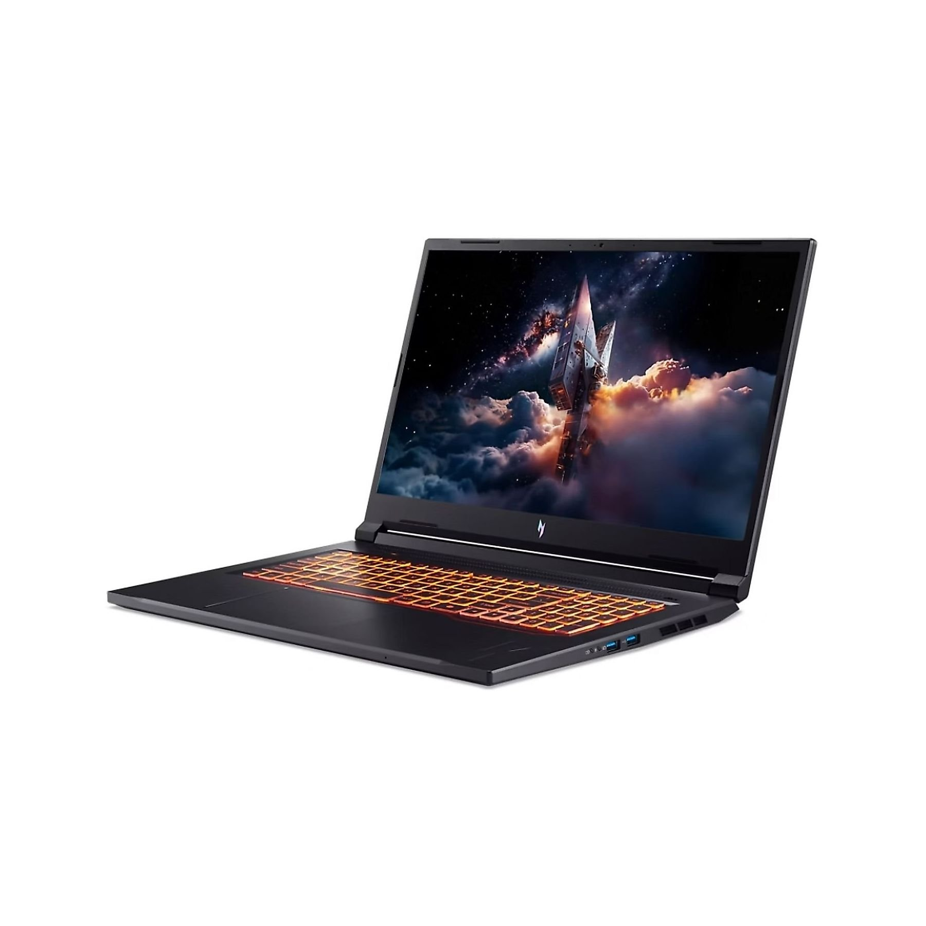Un laptop nero è aperto, mostra una scena spaziale. La tastiera è illuminata di arancione. Sfondo bianco.
