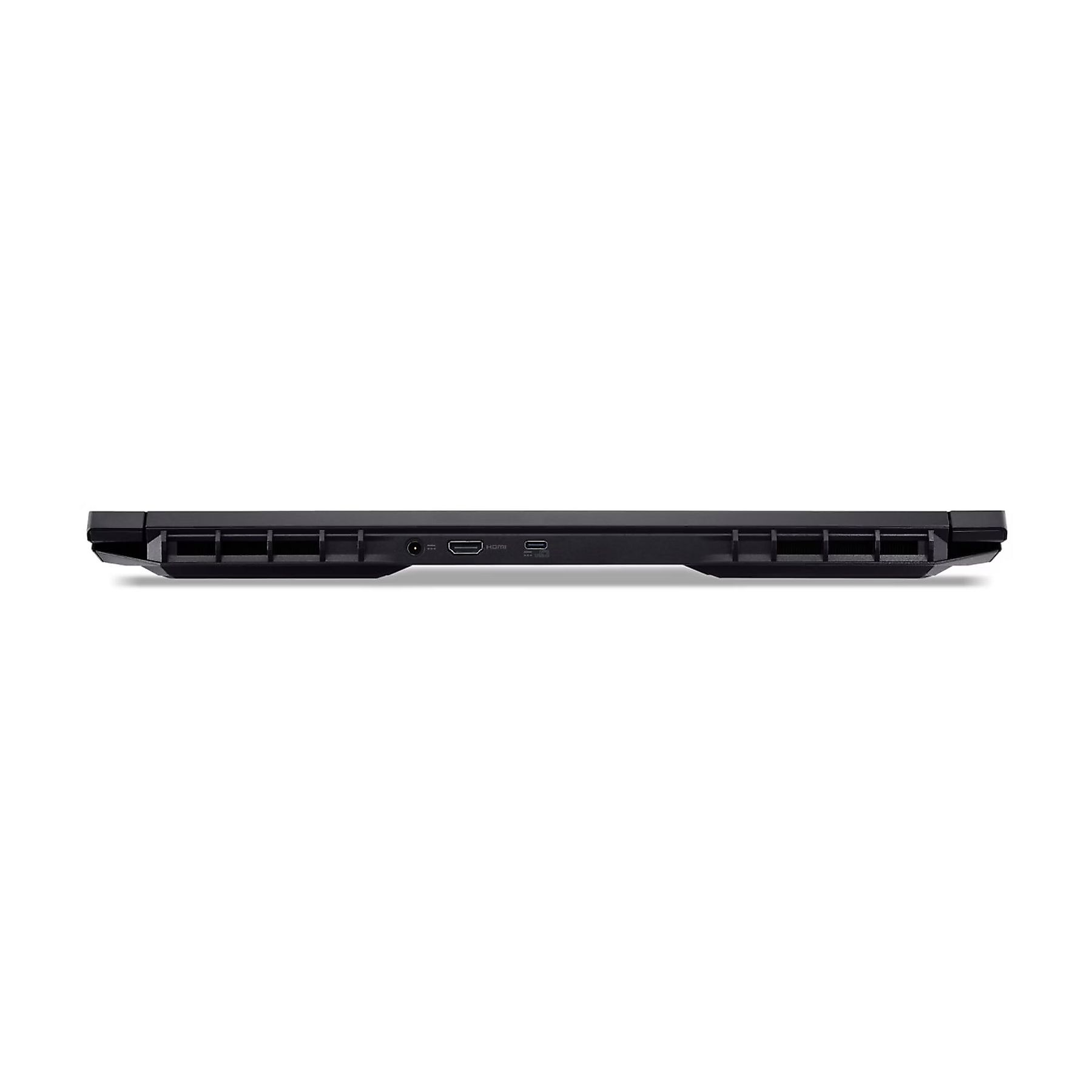 Vista laterale di un laptop nero. Porte visibili: alimentazione CC, HDMI, USB e griglie di ventilazione laterali, su sfondo bianco.
