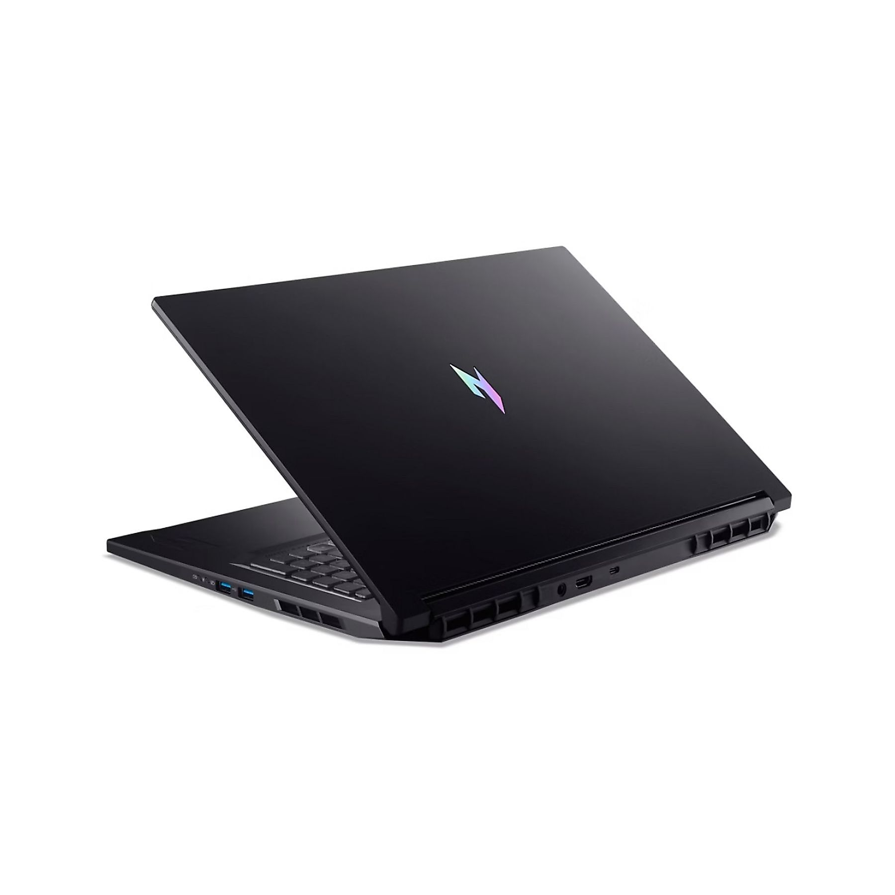 Laptop nero su sfondo bianco. Il coperchio è aperto. Un logo è visibile sul coperchio. La tastiera è nera.