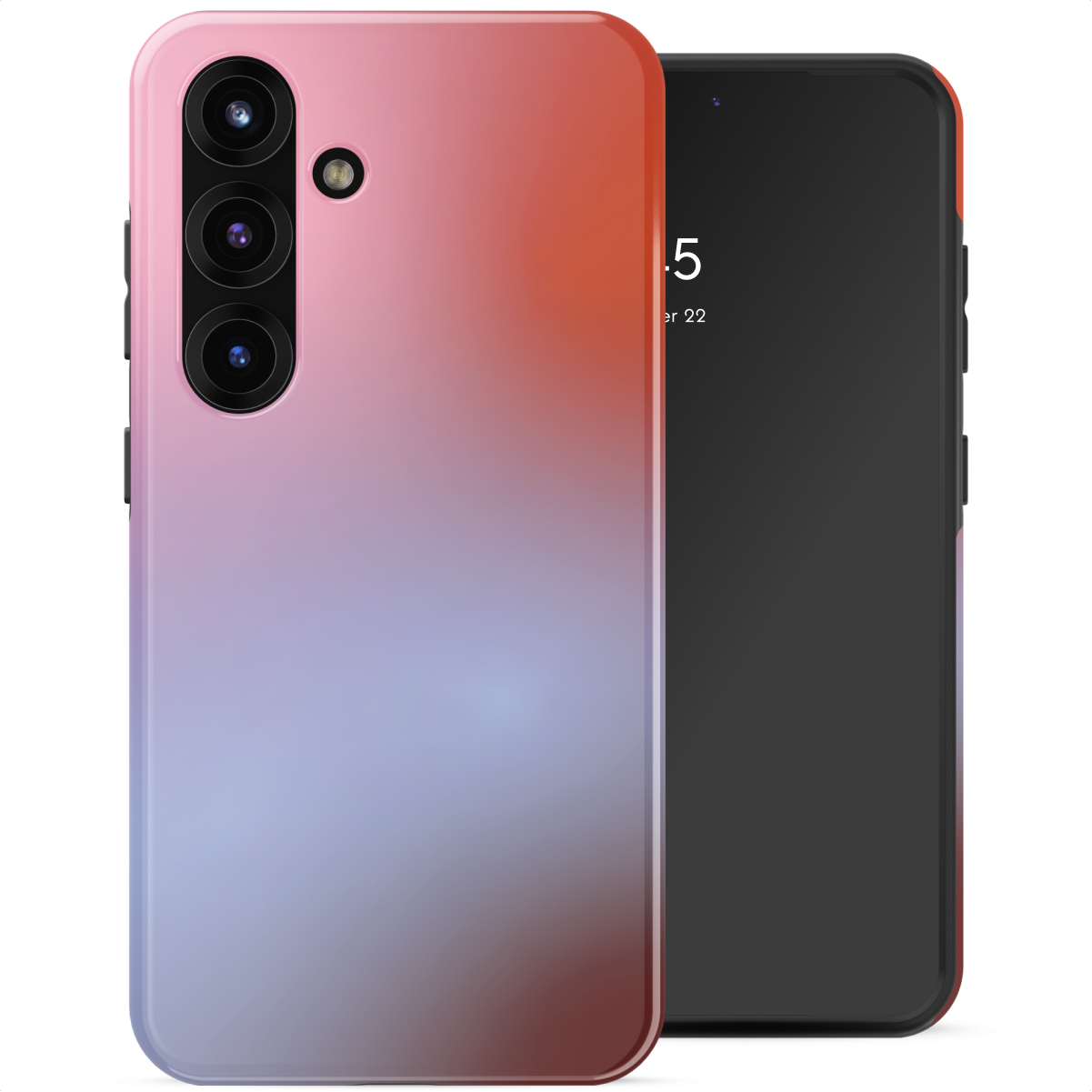 Een smartphone met een roze-rood-blauwe gradiënt hoes. Het scherm toont een klok. De telefoon staat op een witte achtergrond.