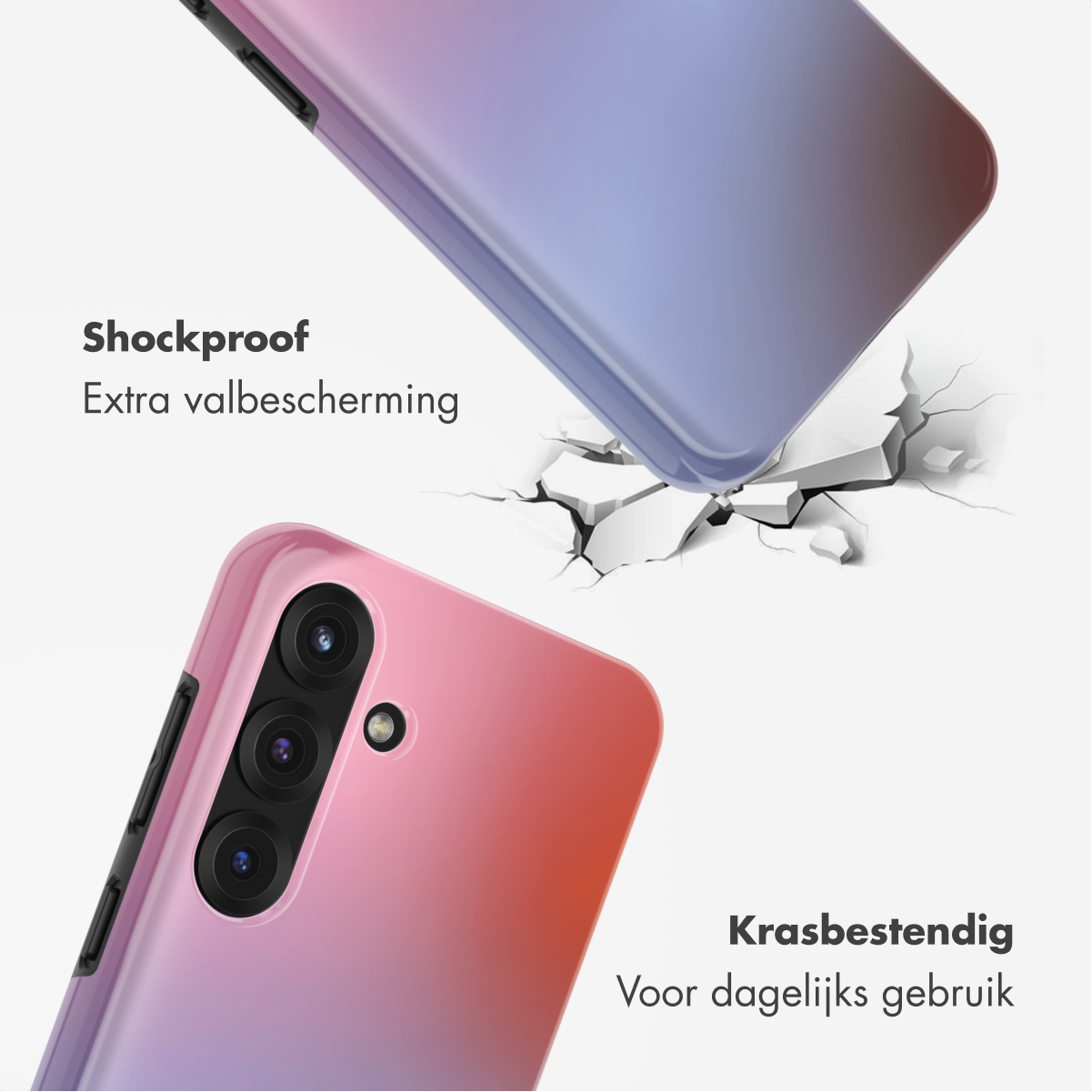 Twee telefoonhoesjes, één roze en paars, de andere blauw en paars, botsen op een oppervlak. Tekst zegt schokbestendig en krasbestendig.