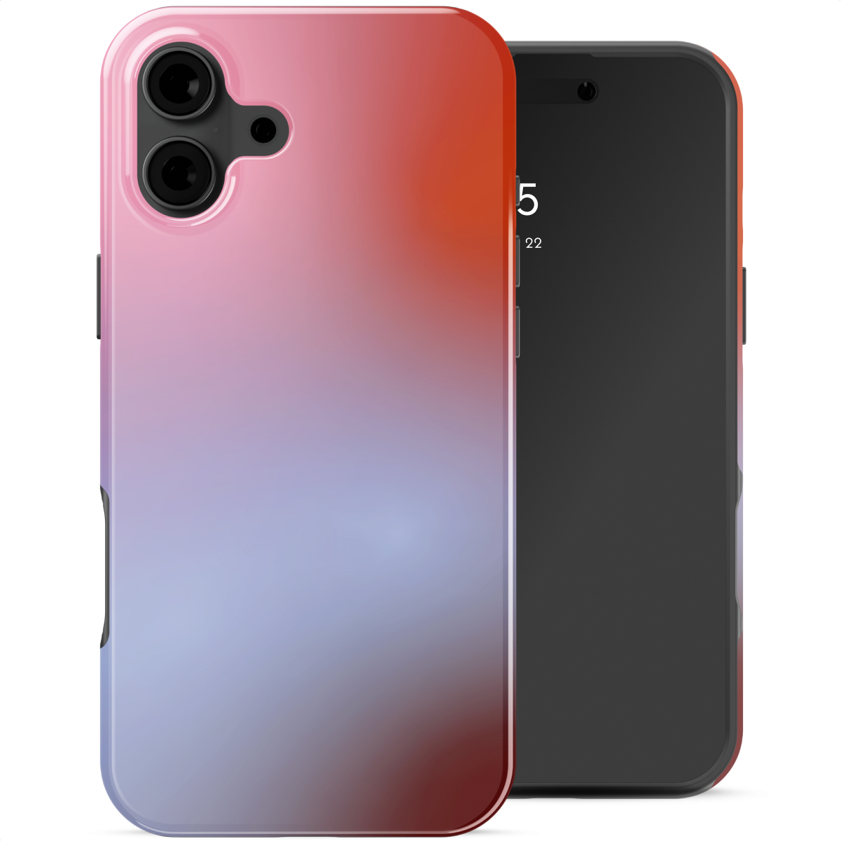 Una custodia per smartphone con un gradiente di colori rosa, rosso e blu accanto a uno smartphone nero.