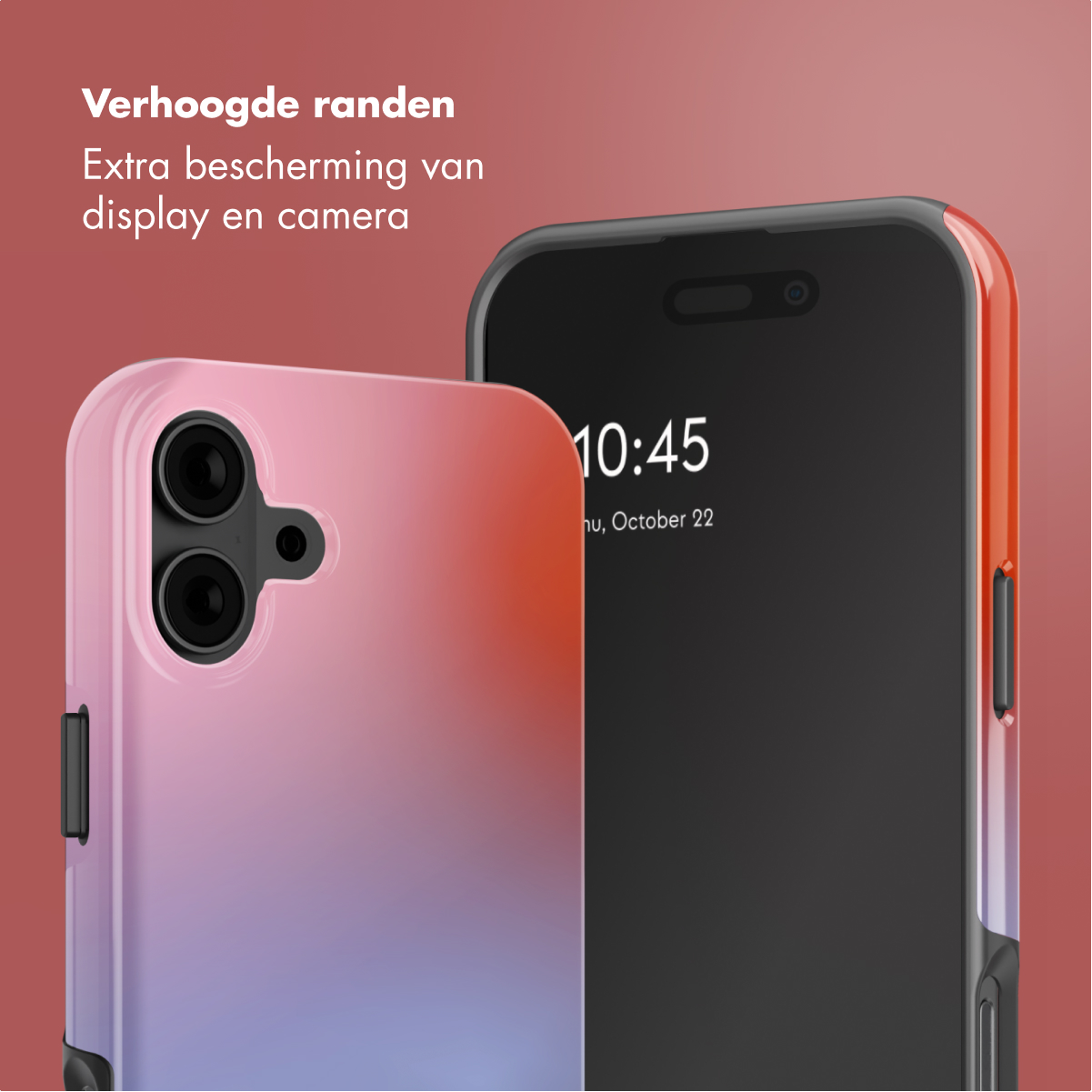 Un telefono con custodia. La custodia ha bordi rialzati per proteggere lo schermo e la fotocamera. Sfumatura rosa e arancione.
