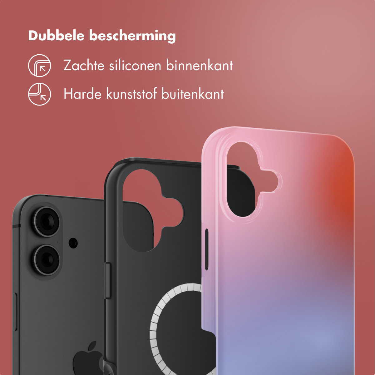Tre custodie per telefono: nero, nero con anello bianco e sfumatura rosa-viola. Testo: Doppia protezione, silicone morbido all'interno, plastica dura all'esterno.