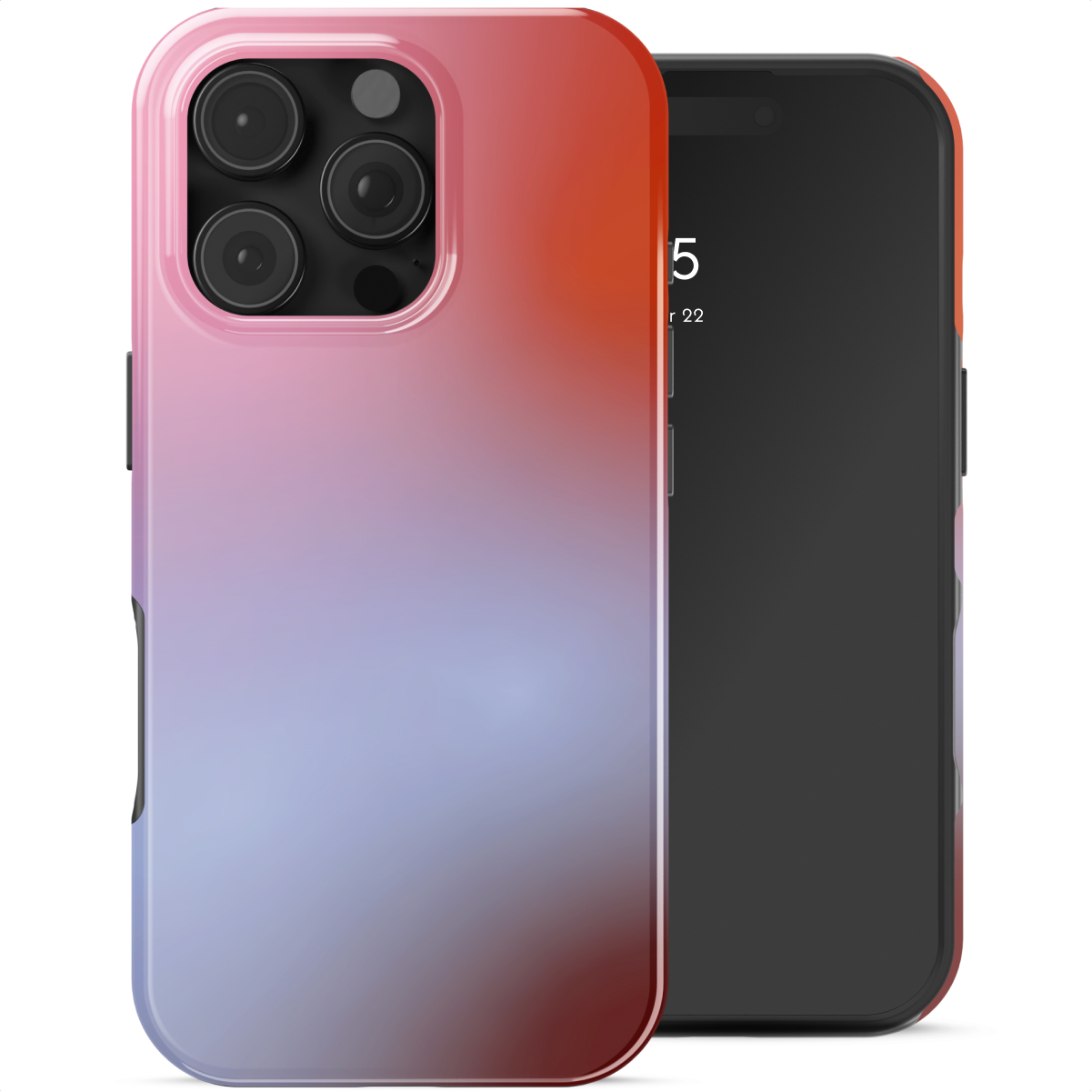 Een smartphone met een gradiënt hoesje. De case loopt over van rood naar paars naar blauw. Een zwarte smartphone rechts.