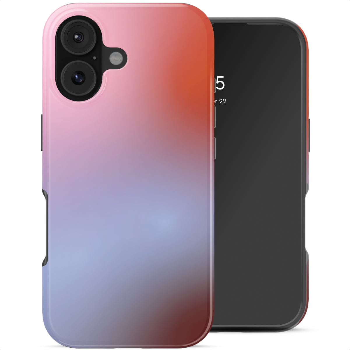 Een smartphone met een hoesje met verloop. De case loopt over van roze naar blauw. Het scherm toont een datum.